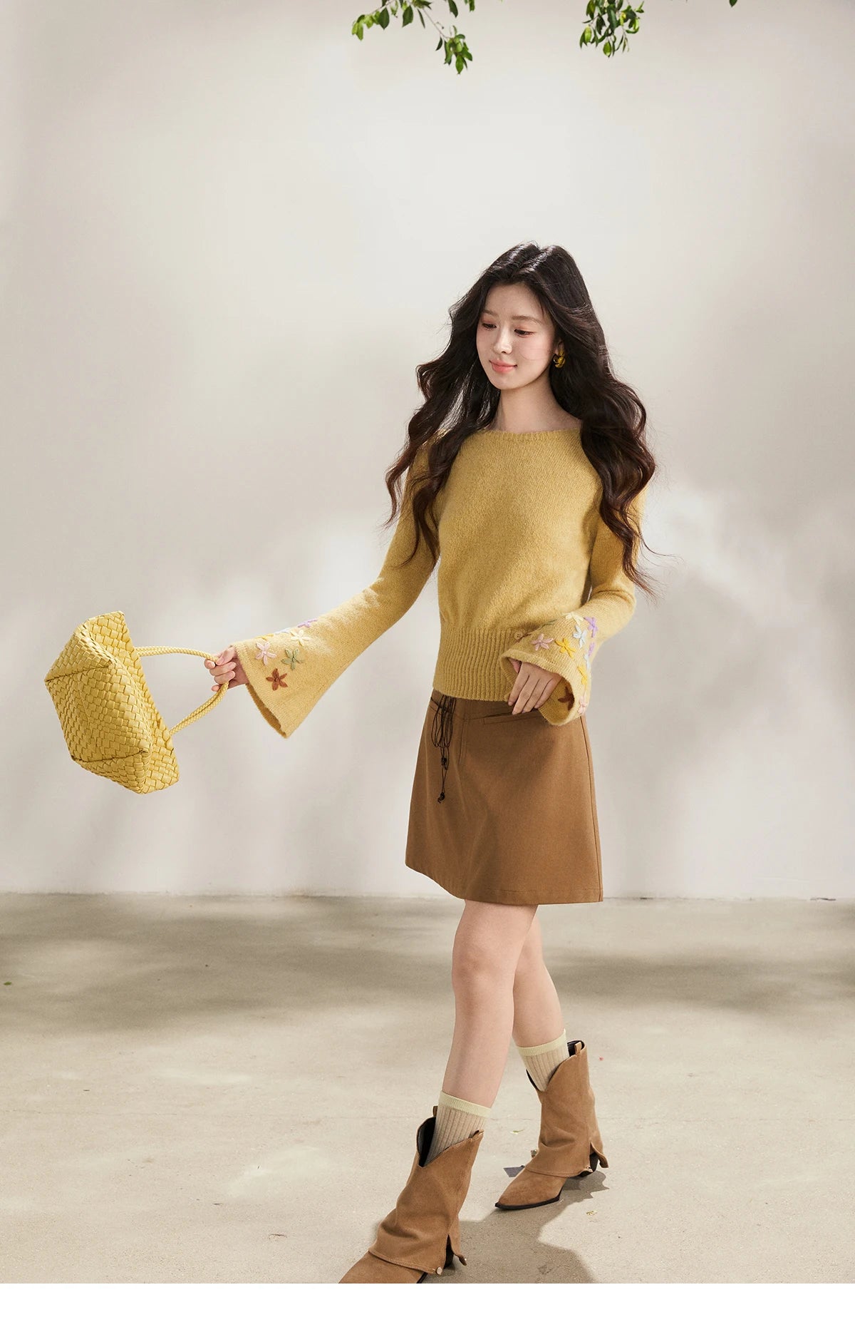 Mishow Yellow Floral Embroidered Boat Neck Flare Sleeve Top MXE94Z2864