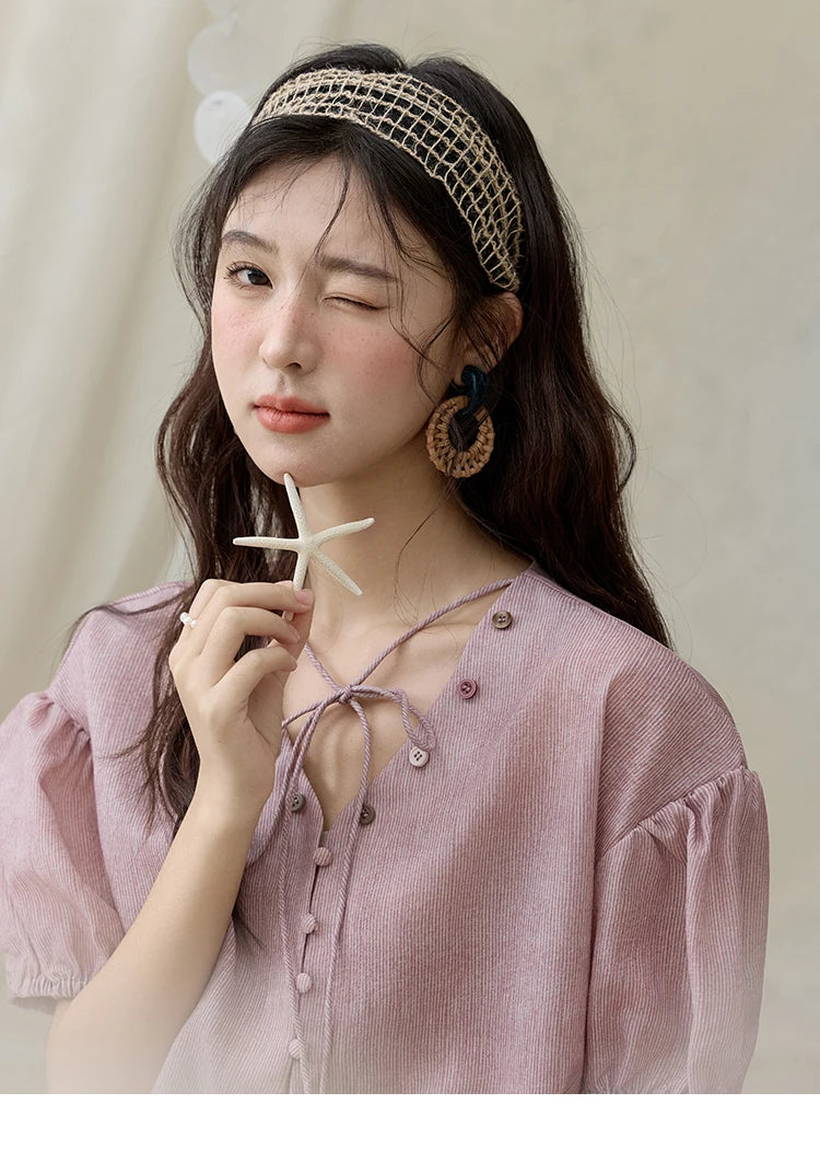 MISHOW Solid V-Neck Blouse Short Puff Sleeve Lace-Up MXE33X1743