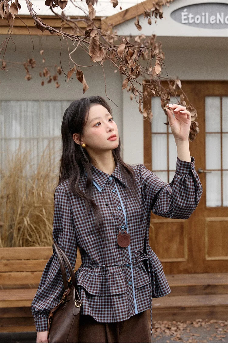 MISHOW Blue Plaid Shirt Lantern Sleeves Ruffled Hem MXE89C2420