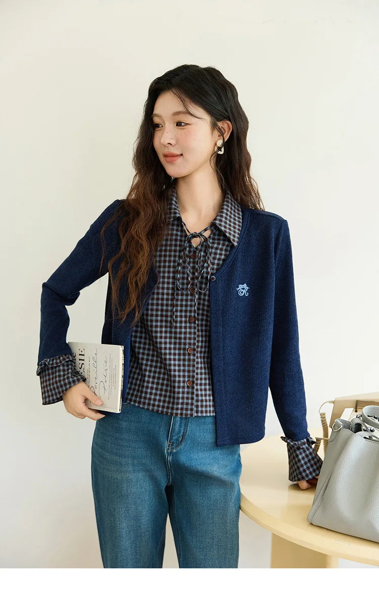 MISHOW Fake Two Knitted Sweater Plaid Splicing Flare Sleeve MXE45Z1401