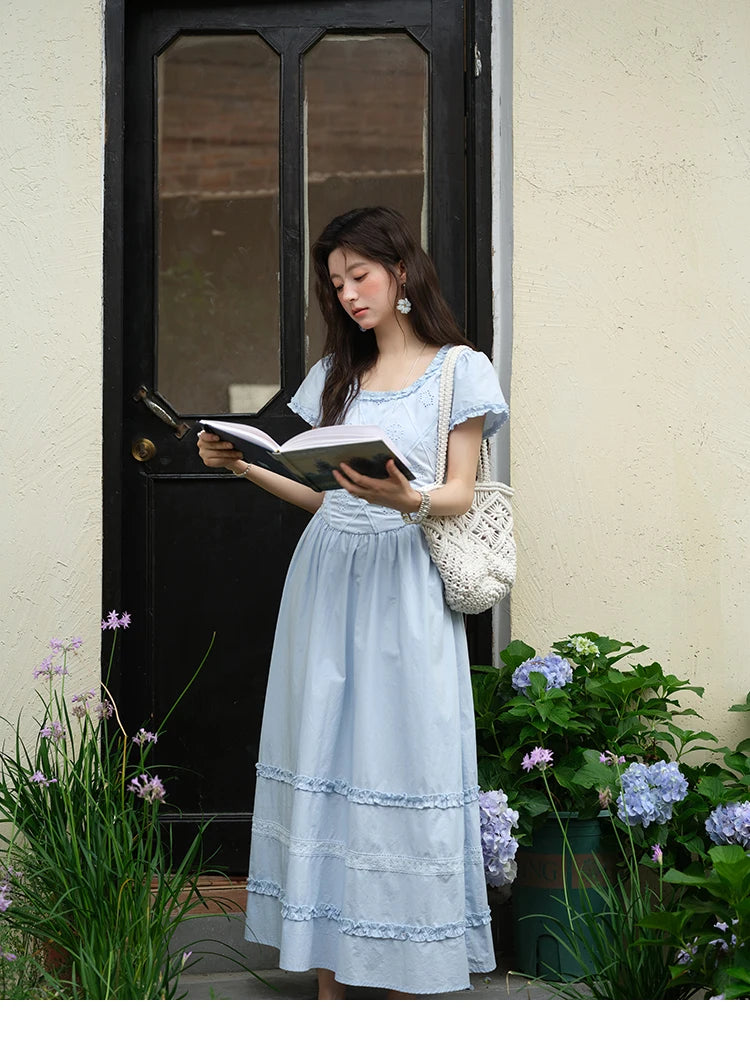 Mishow Blue Lace Mushroom Edge Puff Sleeve Dress MXE38L2348
