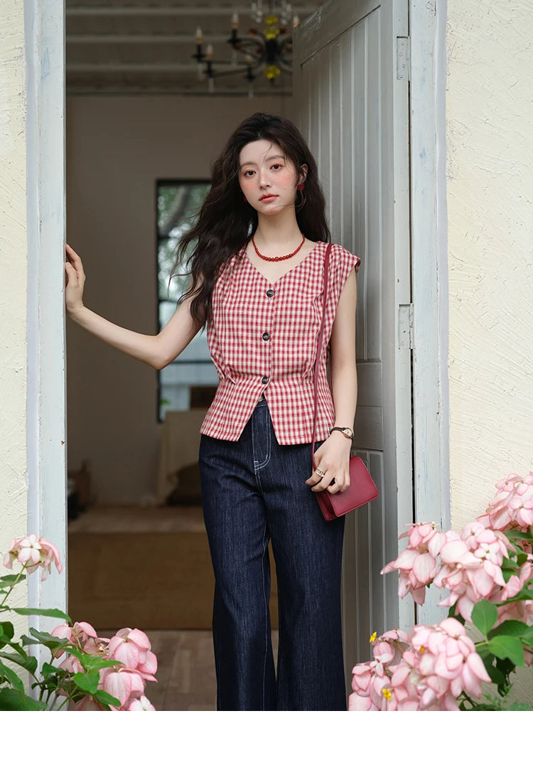 MISHOW Red Plaid V-Neck Shirt Button Front MXE37X1921