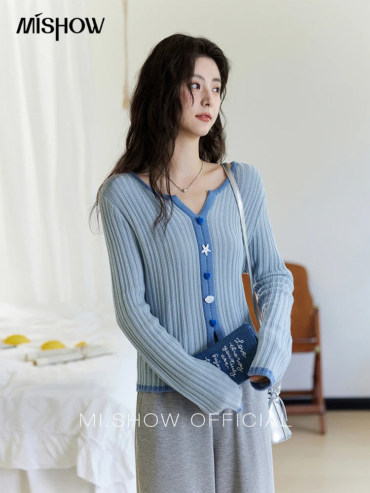 Mishow Blue V-Neck Shell Button Wool Blend Sweater MXE14Z1184