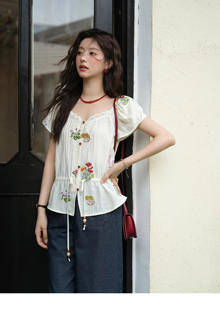 MISHOW Flower Embroidery Square Neck Lace Blouse MXE37X1895