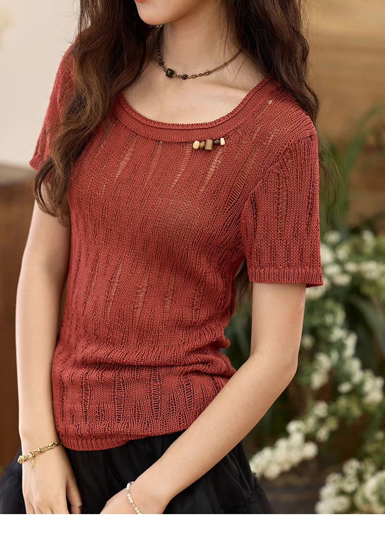 Mishow Retro Red Hollow Bead Knit Tee MXE35Z1271
