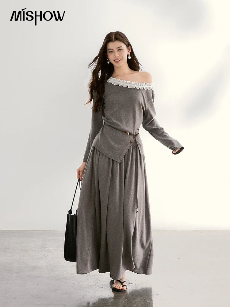 Mishow Grey Off-Shoulder Lace Trim Top & Maxi Skirt Set MXF13T1479