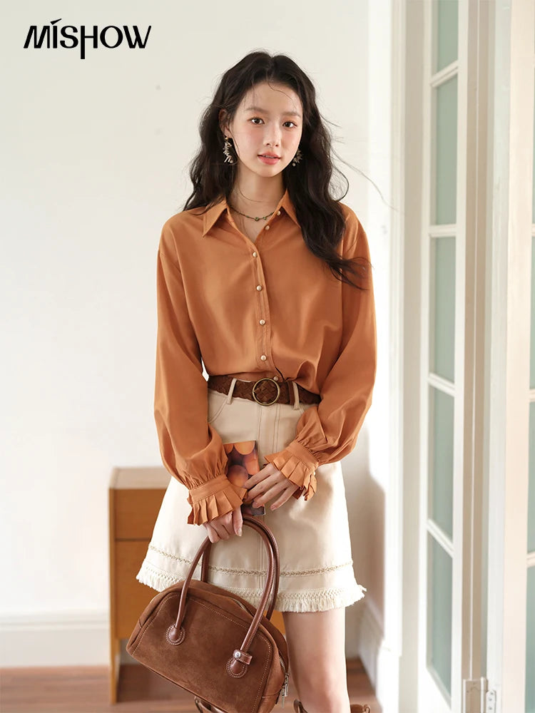 MISHOW Women's Color Block Shirt Pleated Cuffs Lapel Top MXE41C2352