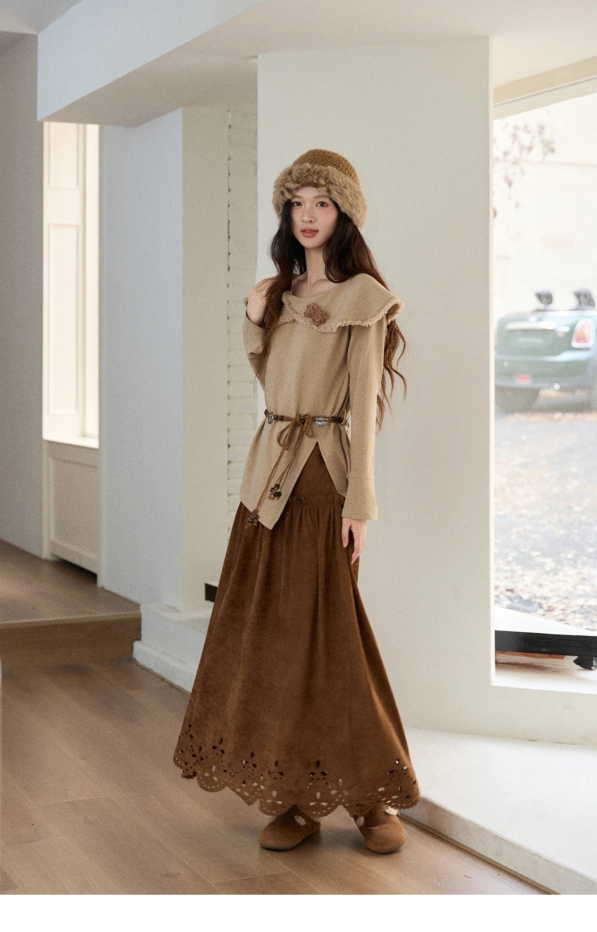 Mishow Retro Brown 3D Flower Decoration Round Neck Top MXE51Z2593