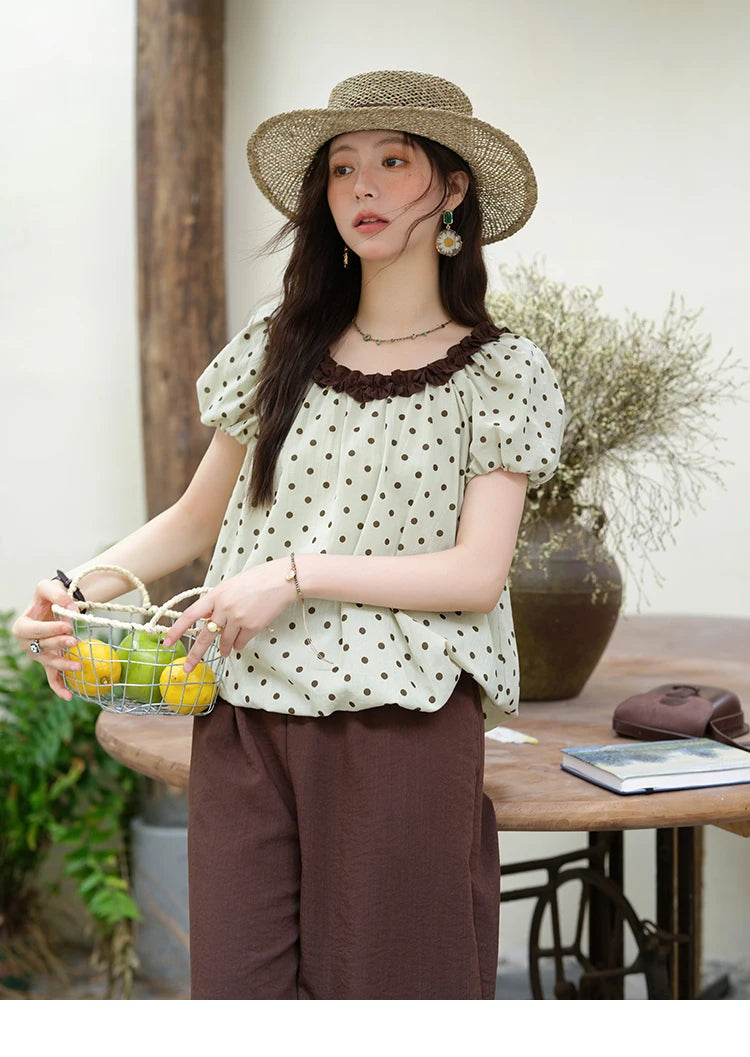 Mishow Polka Dot Puff Sleeve Top & Wide Leg Pants Set MXE39T0657