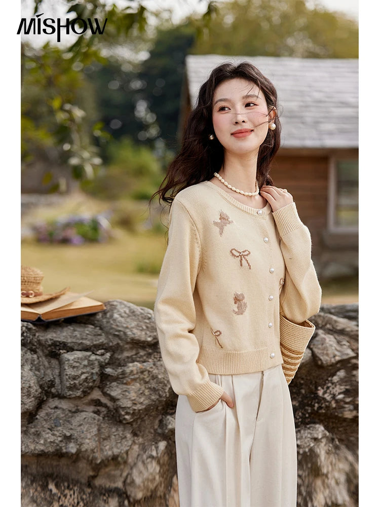 Mishow Yellow Dog Bow Jacquard Pearl Button Sweater MXE13Z1197