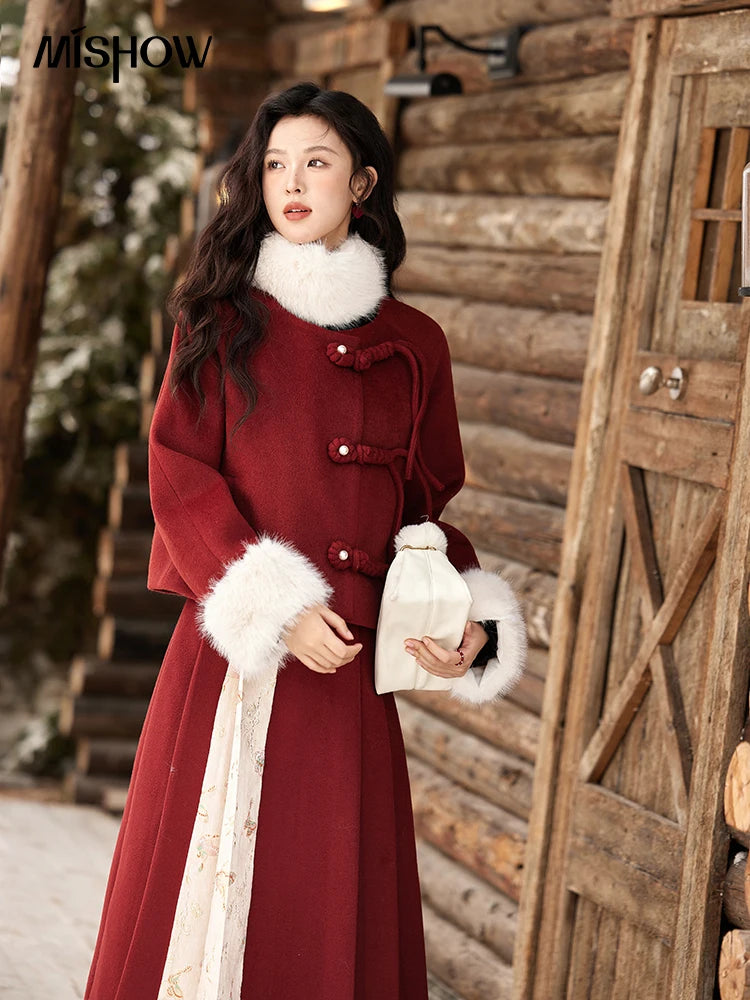 Mishow Tweed Jacket with Removable Fur Collar & Pleated Skirt Set MXD59W0609