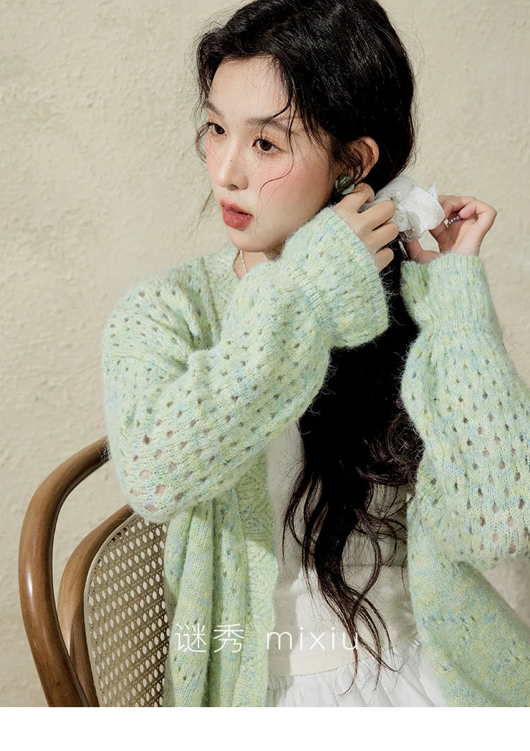 Mishow Green Hollow Out Wave Neck Cardigan MXE12Z1212