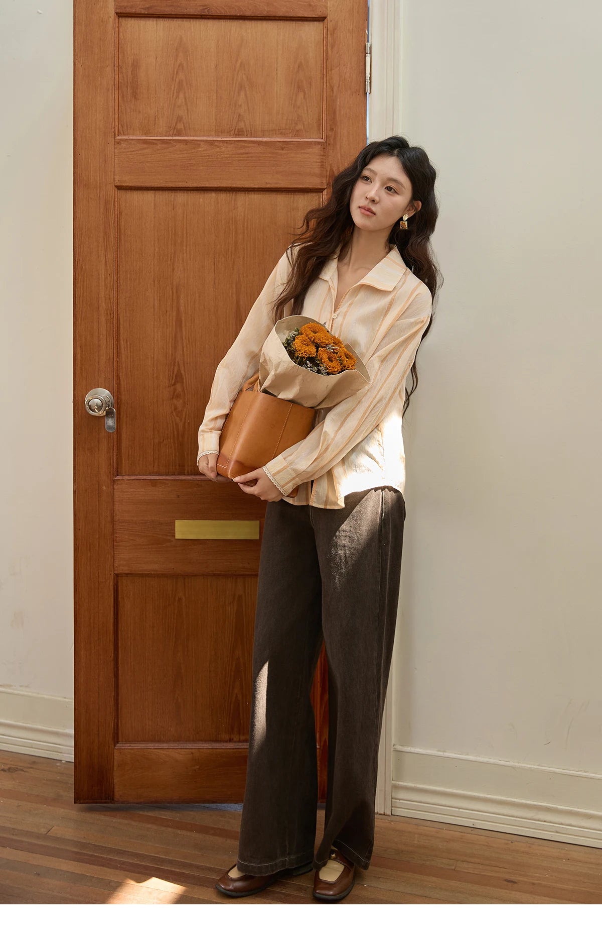 MISHOW Orange Stripe Linen Shirt Lapel Collar Lace Trim Cuffs MXE43C2379