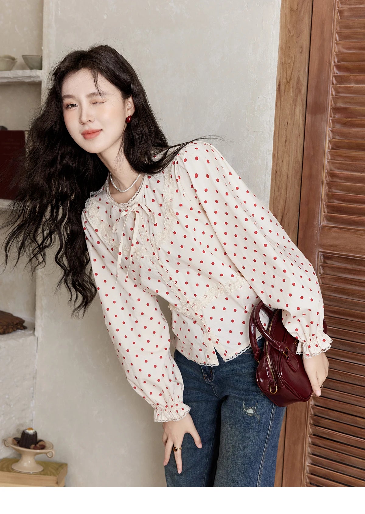 MISHOW Lace Up Polka Dot Round Neck Lace Shirt Elastic Petal Cuffs MXD44X1667