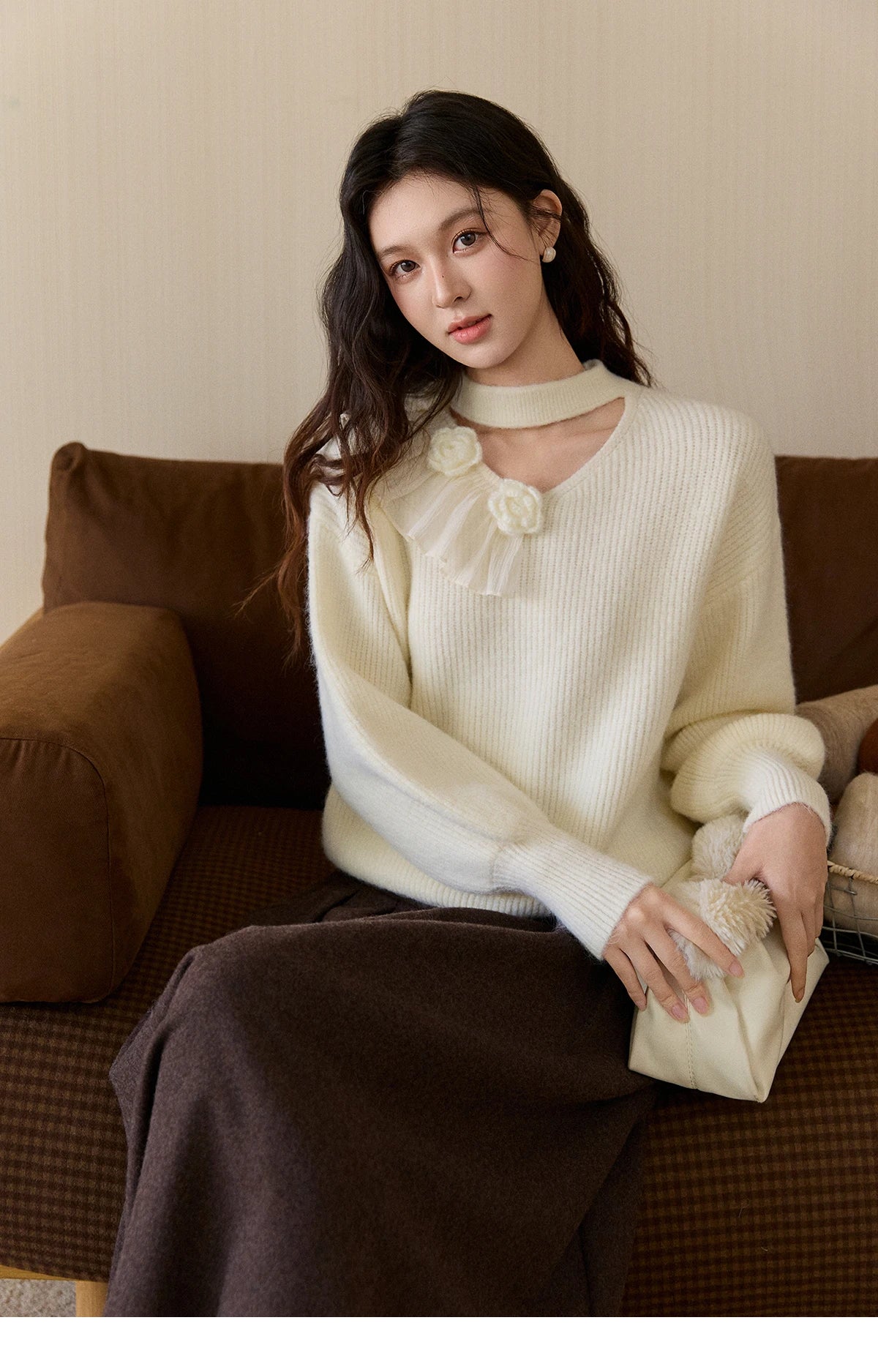 Mishow Cutout Neck Ruffle Flower Lantern Sleeve Pullover MXE94Z2982