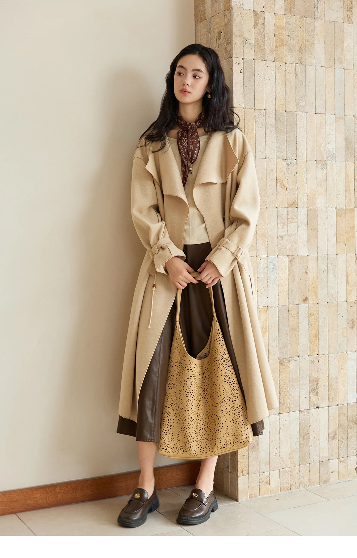Mishow Drawstring Waist Large Lapel Mid-Length Woolen Coat MXE45W0841