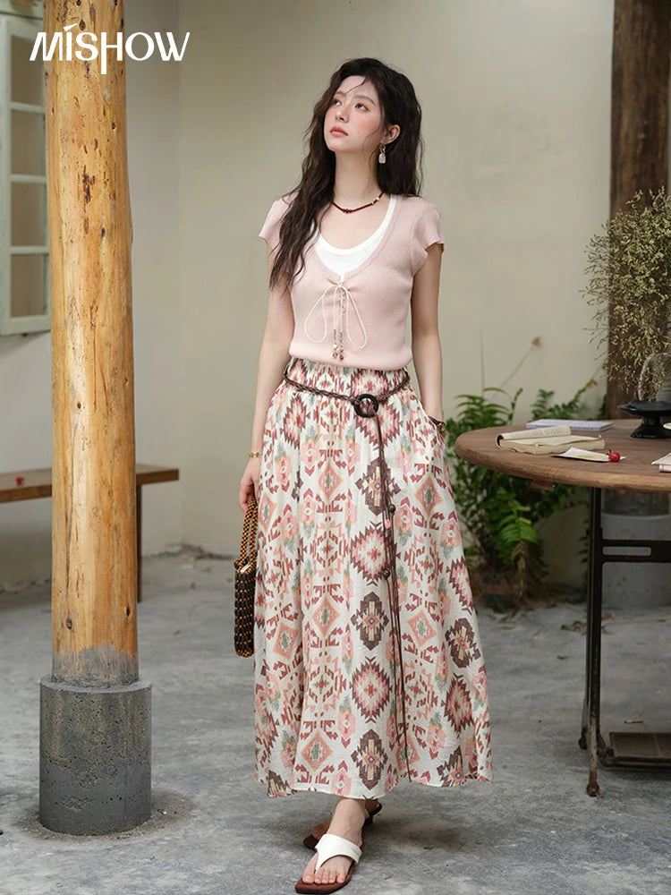 MISHOW Geometric Print Half Skirt Prairie Chic Pocket Vacation A-Line MXE37B0760