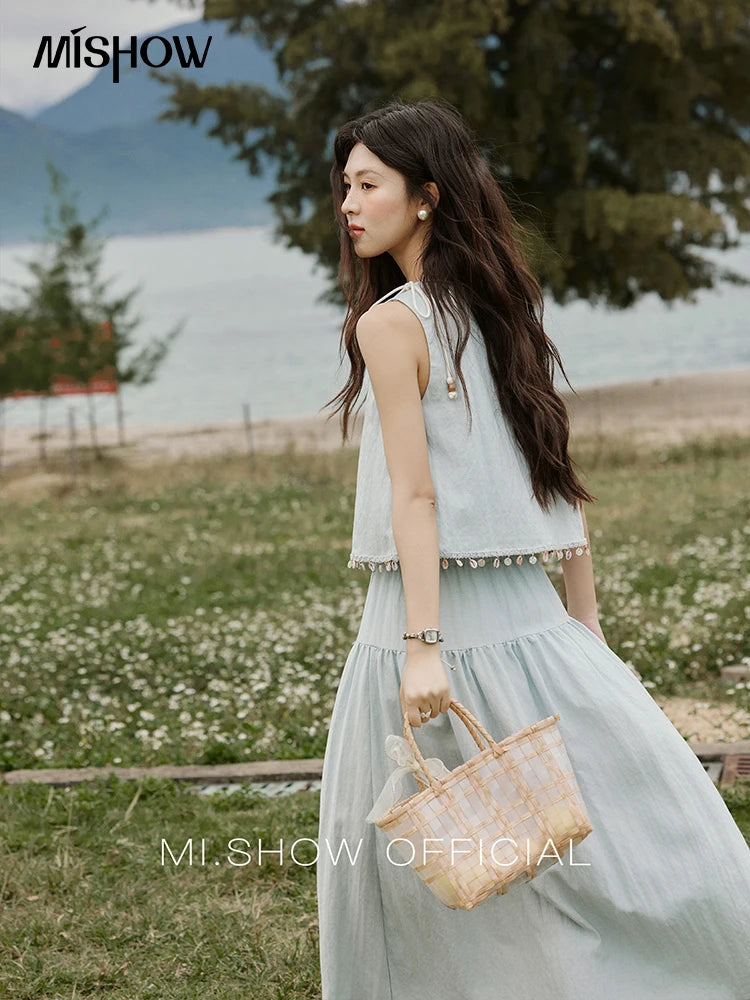 Mishow Sleeveless Round Neck Vest & Solid Midi Skirt Set MXE33T0526