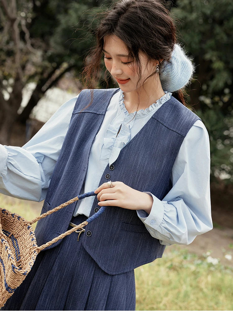 Mishow V-Neck Vest Coat & Pleated A-Line Skirt Set MXE31T0505