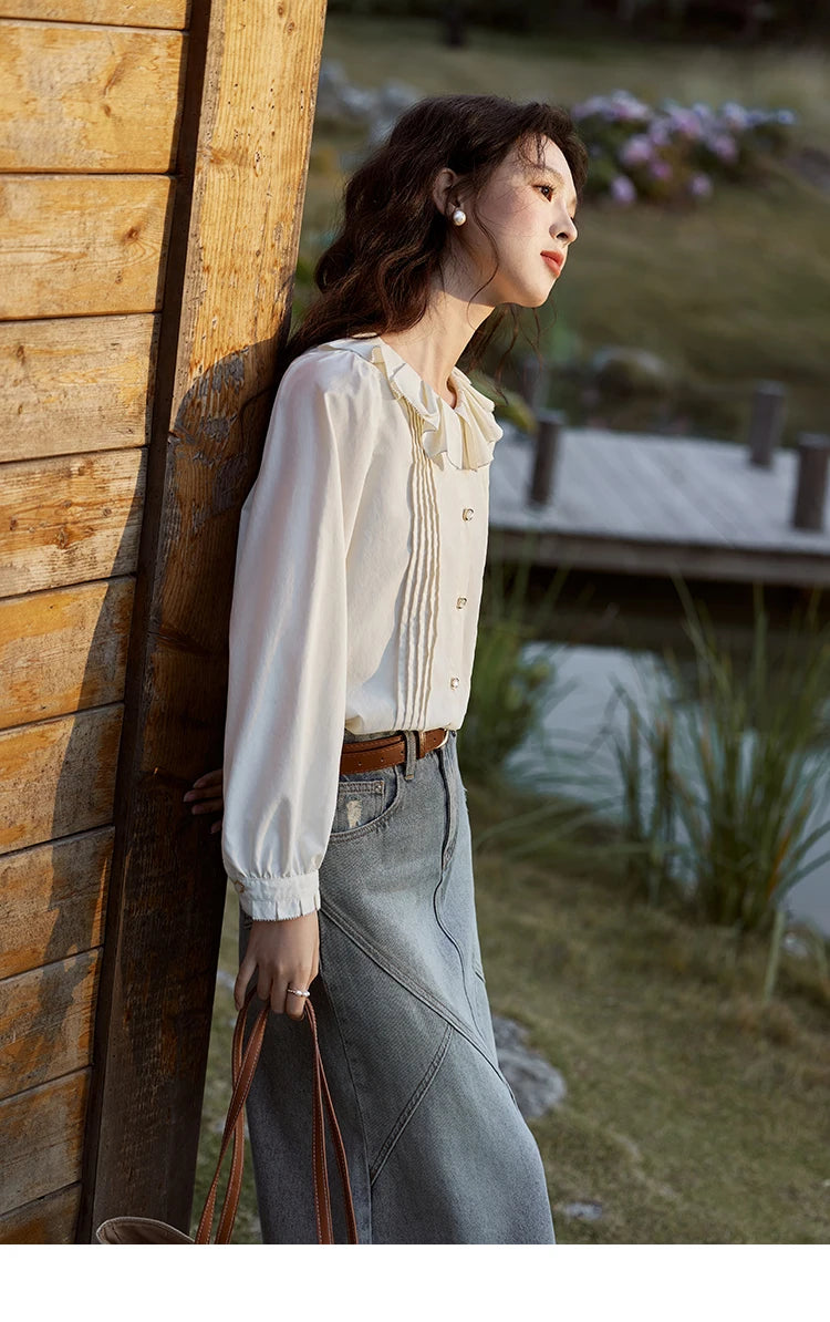 MISHOW Tucker Pleats Doll Neck Shirt Ruffled O Neck MXE12C0401