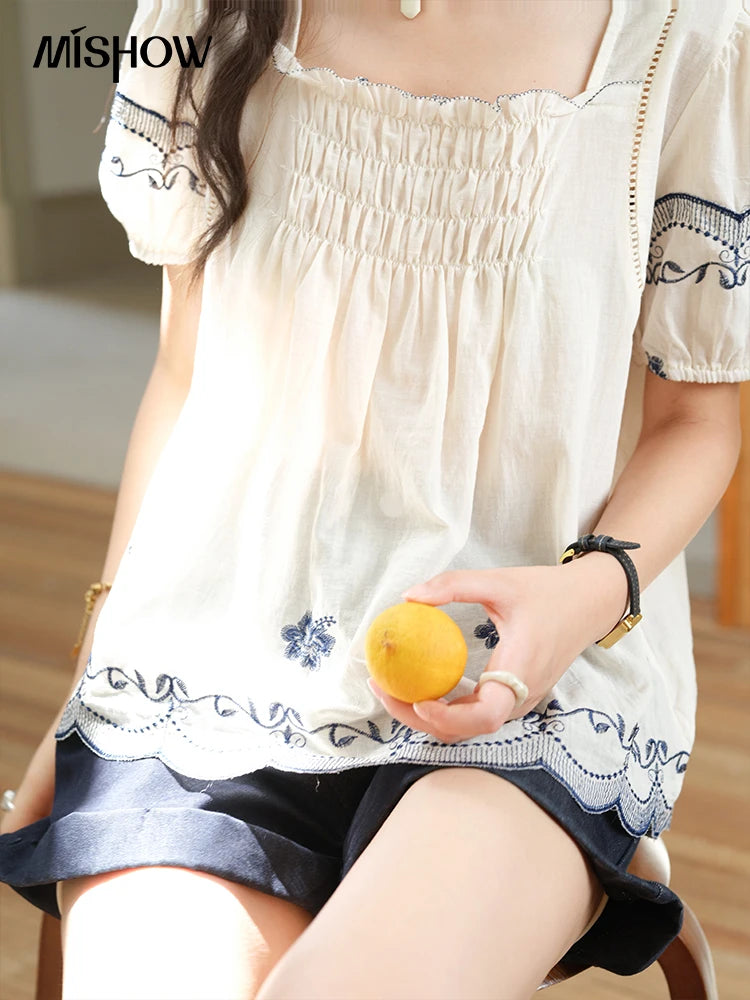MISHOW Square Neck Puff Sleeve Blouse Flower Embroidery Hollow MXE39X1953