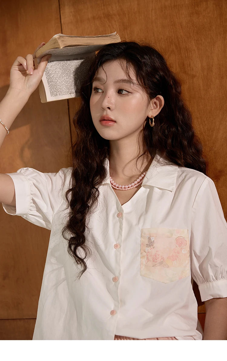 MISHOW Cotton Short Sleeve Shirt Embroidered Pocket Puff Sleeve MXD26C0243
