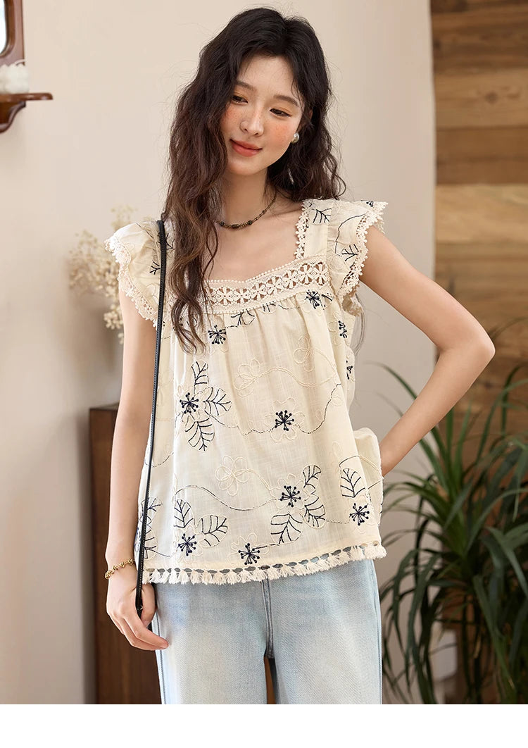 MISHOW Square Collar Embroidered Doll Blouse Flying Sleeve Lace Tassel MXE35X1839