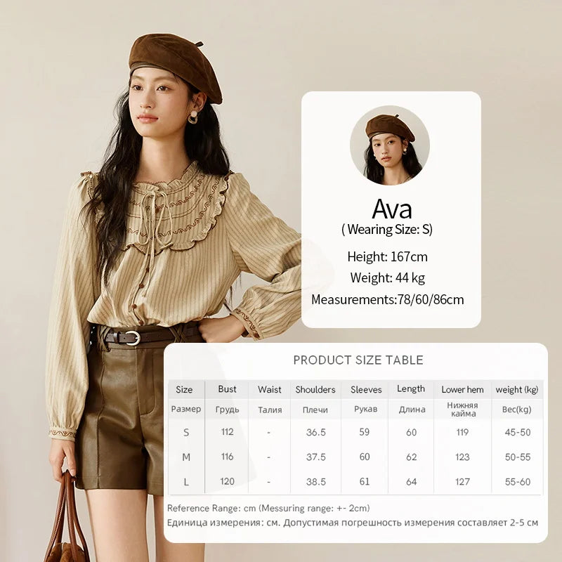 MISHOW Striped Shirt Wood Ear Edge Round Neck Embroidery MXE46X2492