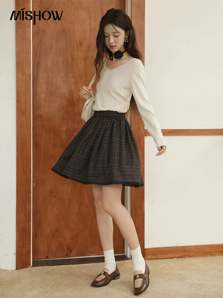 Mishow Green Plaid Handmade Flower Lace Skirt MXE44B2407