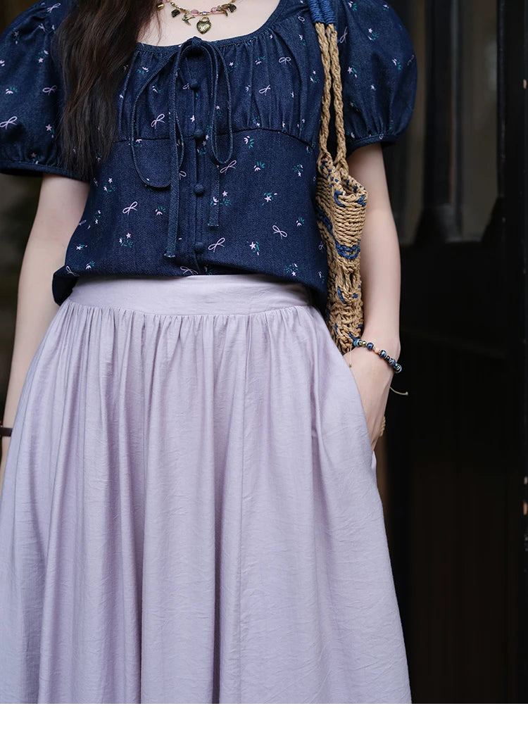 MISHOW Puff Sleeve Square Neck Blouse Lace Up Print Denim MXE39X1933