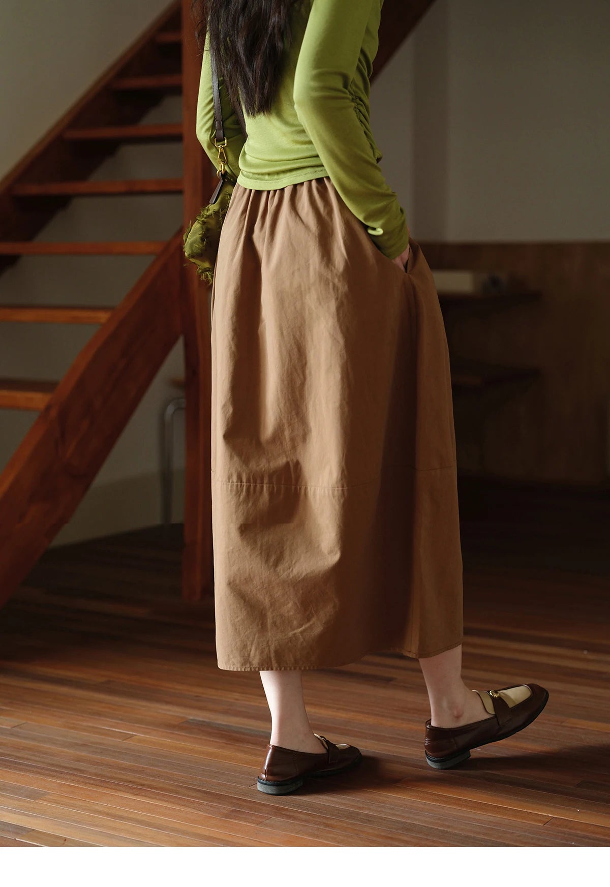 MISHOW Brown Cotton Bud Skirt Elastic Drawstring High Waist Pocket MXE41B2367
