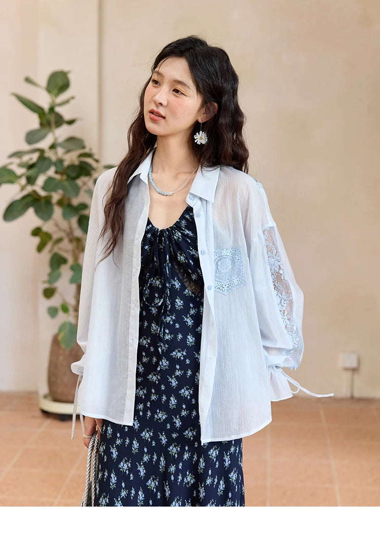 MISHOW Women's Patchwork Lace Shirt Lapel Drop Sleeve Drawstring Cuffs MXE31C0789