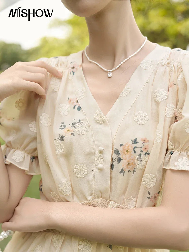 Mishow French Floral Embroidered Petal Sleeve Dress MXC38L1424