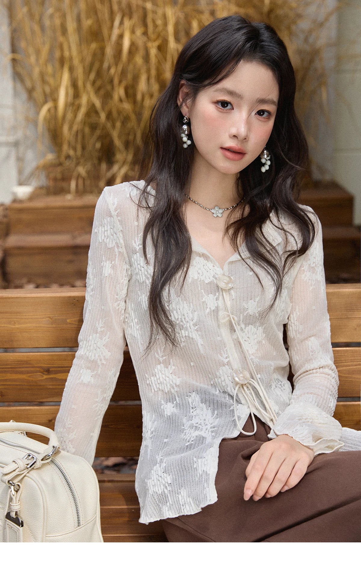 MISHOW White Lace Shirt Flared Sleeves V-Neck MXE49X2511