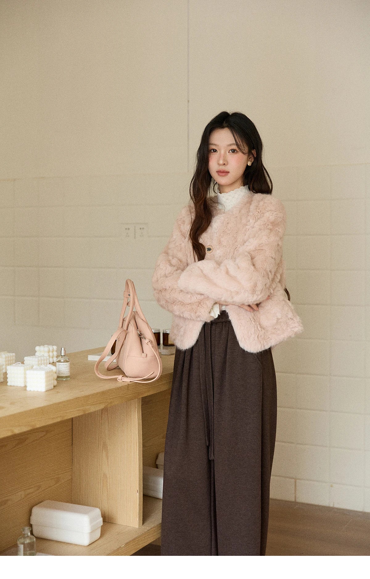Mishow Sweet Pink Faux Rabbit Fur Coat MXE87W0990