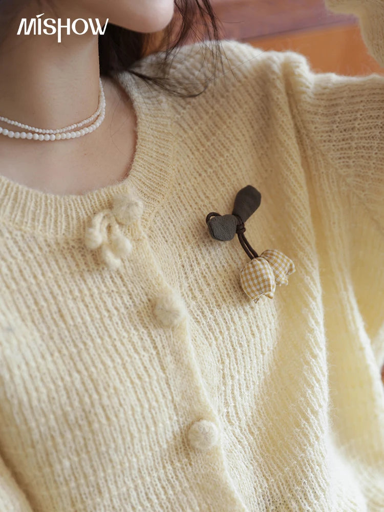 Mishow Camellia Brooch Round Neck Cardigan MXE44Z1390