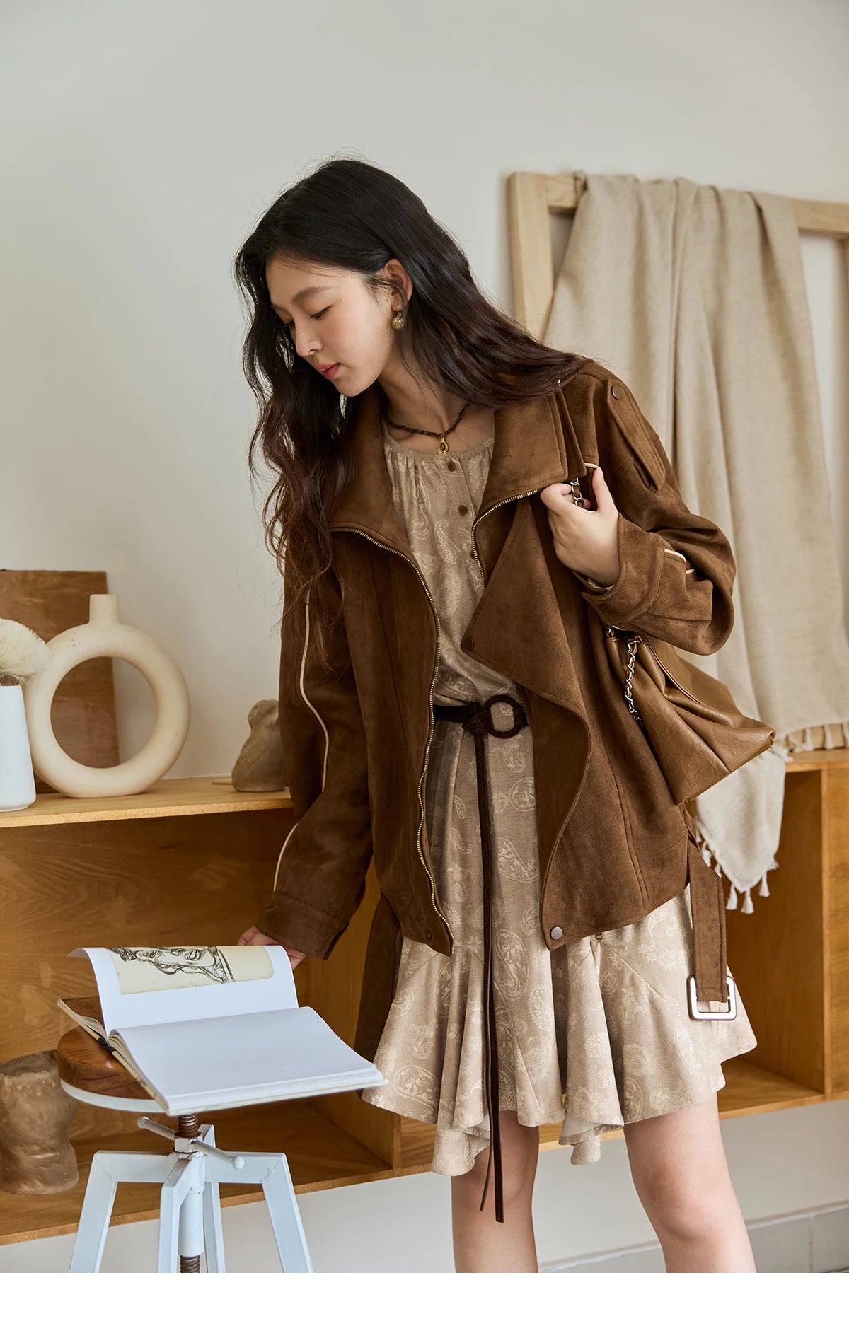 MISHOW Brown Suede Short Jacket Split Turn Down Collar MXE48W0850