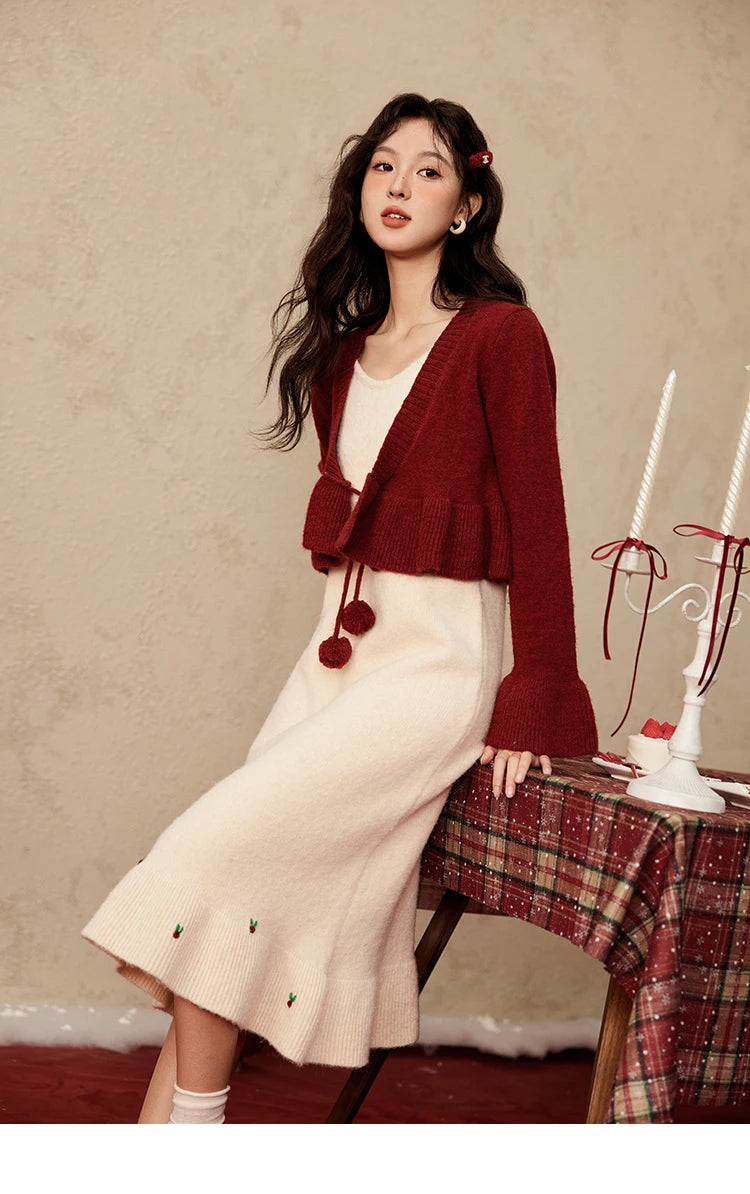 Mishow Pom-Pom Lace-Up Cardigan & Ruffle Strap Dress Set MXD59L2133