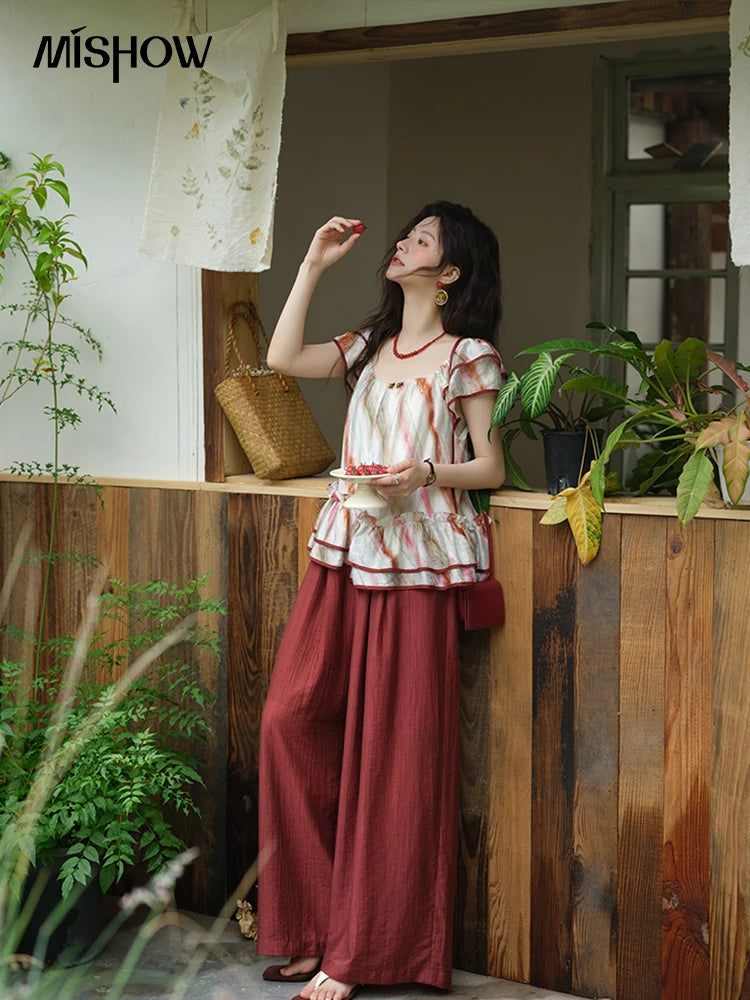 MISHOW Red Wide Leg Pants High Waist Pocket Elastic MXE38K0952