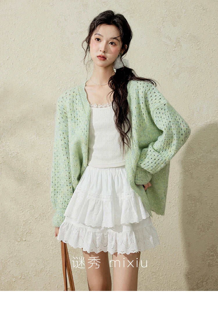 Mishow Green Hollow Out Wave Neck Cardigan MXE12Z1212
