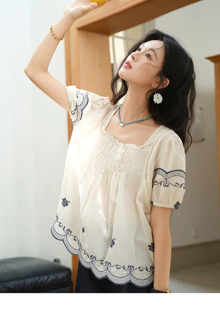 MISHOW Square Neck Puff Sleeve Blouse Flower Embroidery Hollow MXE39X1953