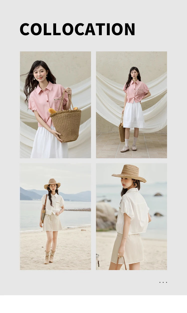 MISHOW Short Puff Sleeve Blouse Turn Down Collar Shell Ribbon MXE33C0773