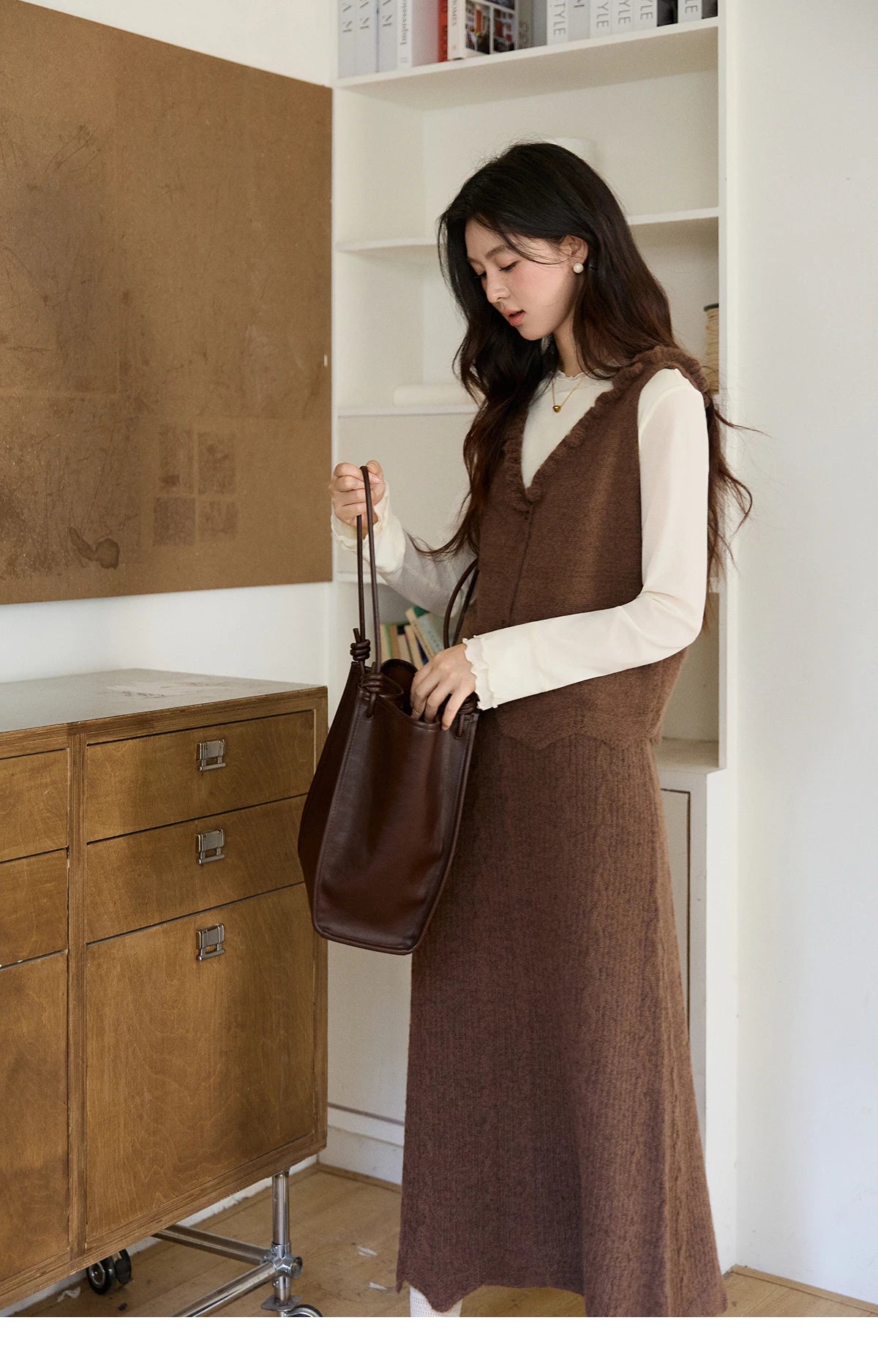 Mishow Brown Knitted Vest & Cable Knit Maxi Skirt Set MXF11T1460