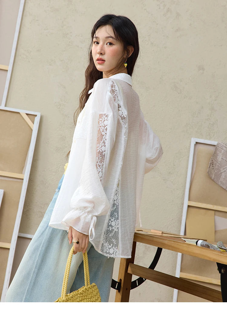 MISHOW Women's Patchwork Lace Shirt Lapel Drop Sleeve Drawstring Cuffs MXE31C0789