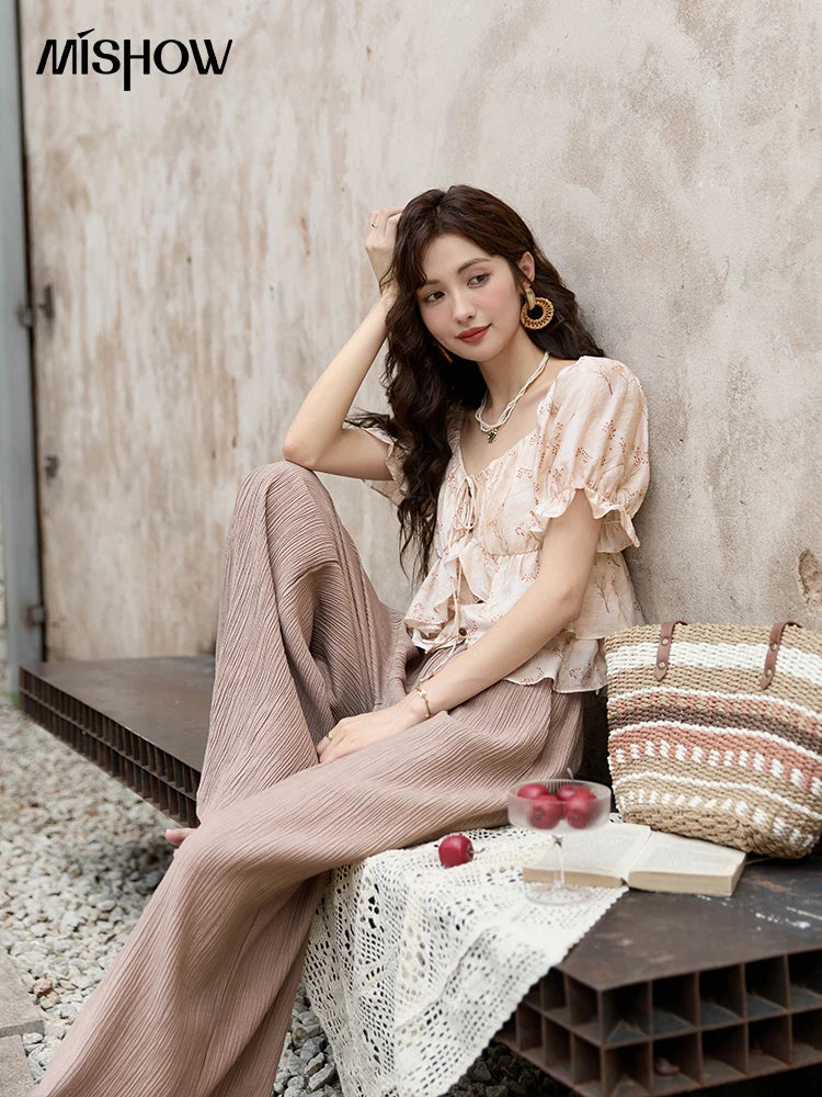 MISHOW Floral Print Square Neck Shirt Bubble Sleeve Patchwork MXD30X1565