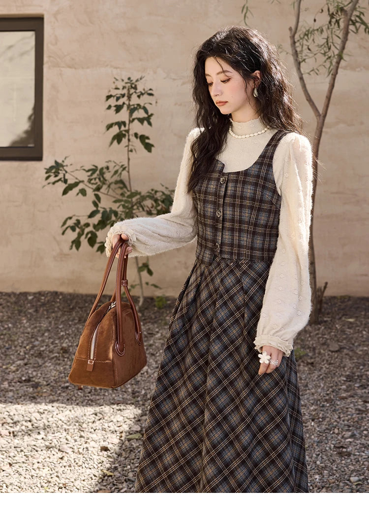 Mishow Blue Plaid Square Collar Vest & Midi Skirt Set MXD44W0454