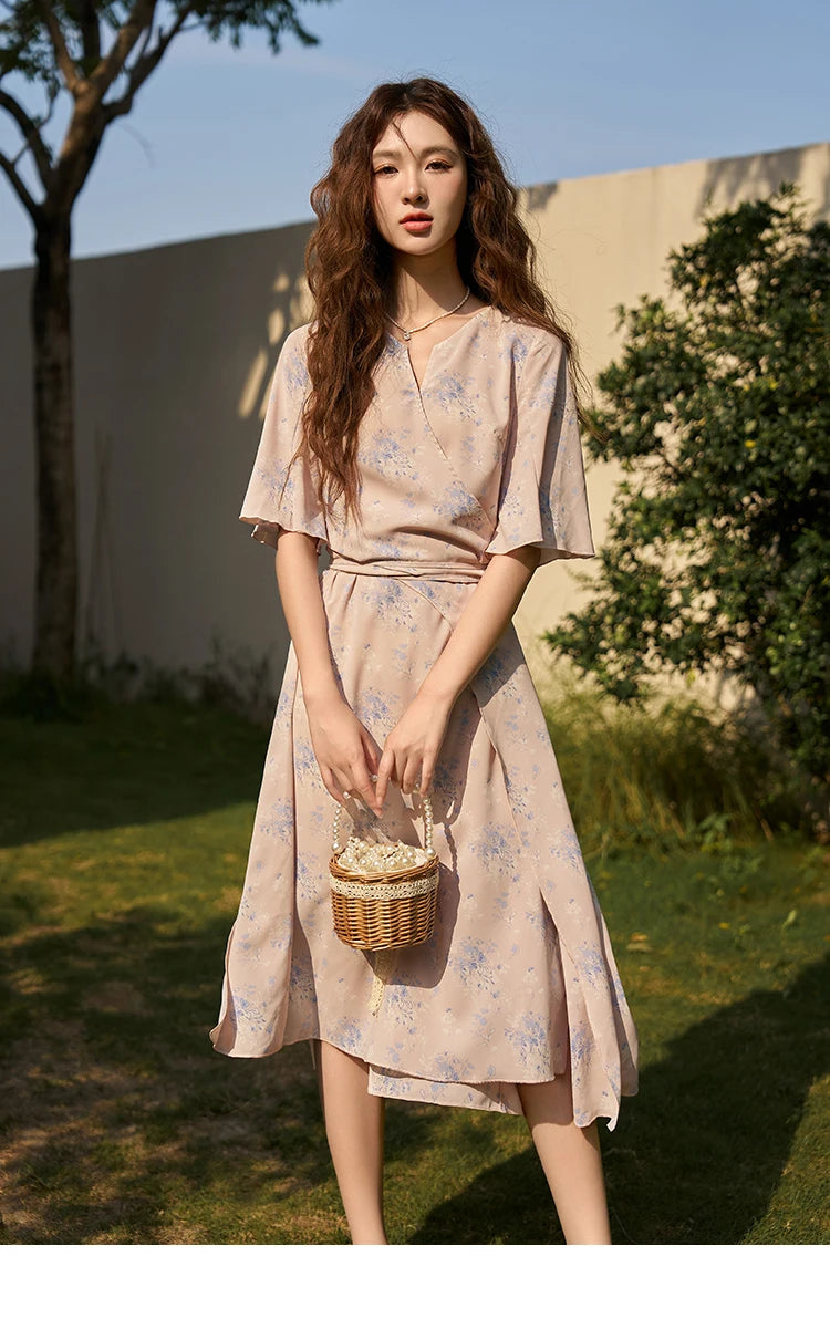 Mishow French Floral Puff Sleeve Lace-Up Dress MXC38L1413