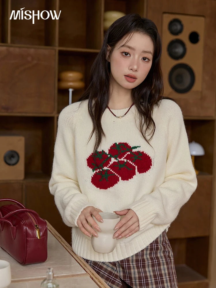 Mishow Off-White Tomato Jacquard Loose Pullover MXE51Z2692