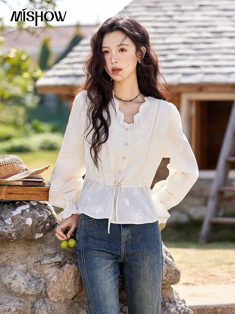 MISHOW Embroidered Lace Blouse V-Neck Drawstring MXE11X1708