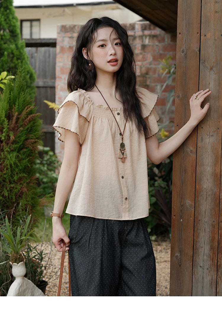 MISHOW Butterfly Sleeve Blouse Square Neck Button Loose MXE37X1854